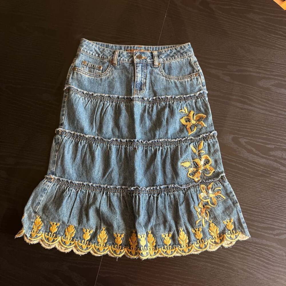 Limited Too Denim Tiered Midi Skirt Size 10 Yellow Floral Embroider